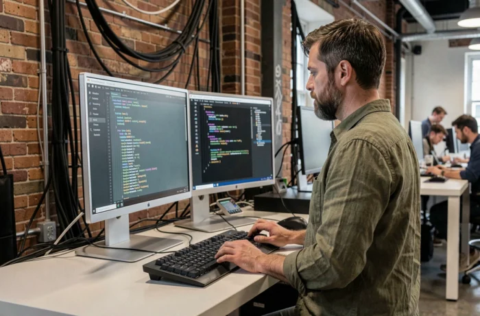 Administrateur système Linux dans un espace de coworking professionnel avec double écran et environnement open source