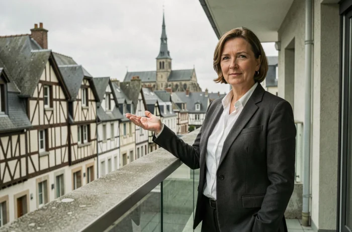 Agent immobilière présentant un appartement neuf avec vue sur Quimper depuis un balcon