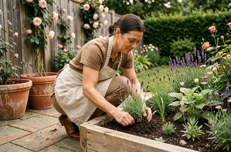 Femme aménageant un carré de jardin surélevé en bois avec des herbes aromatiques et des fleurs de lavande dans un jardin résidentiel