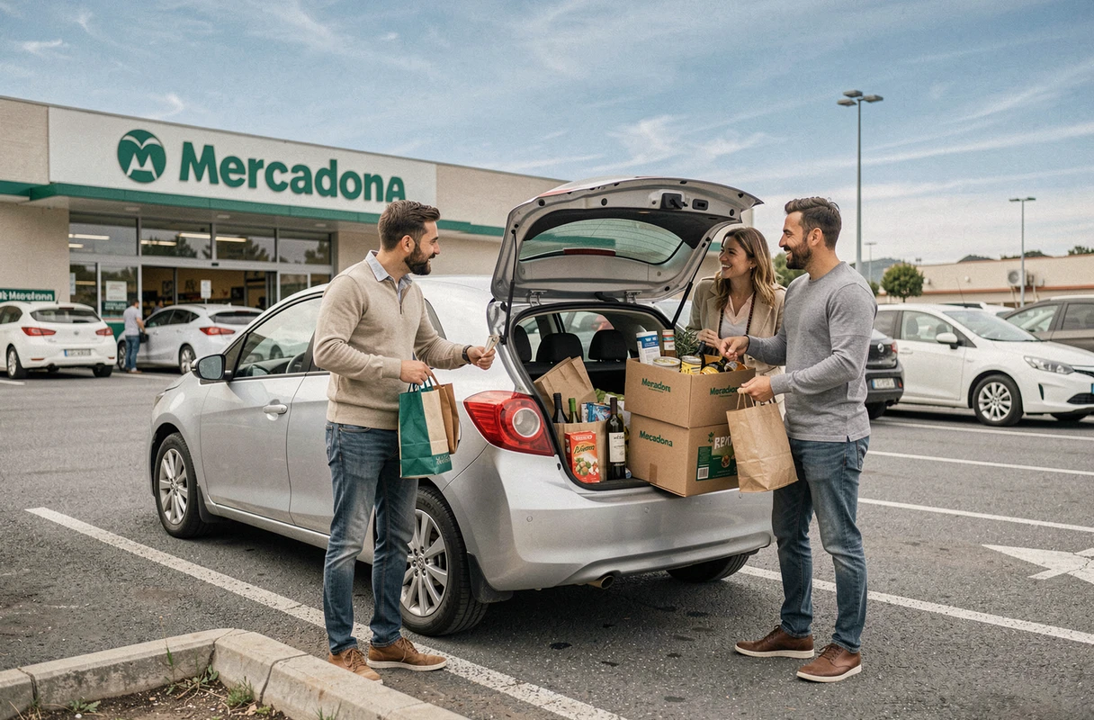 Amis chargeant leurs courses Mercadona dans le coffre de leur voiture après un shopping transfrontalier