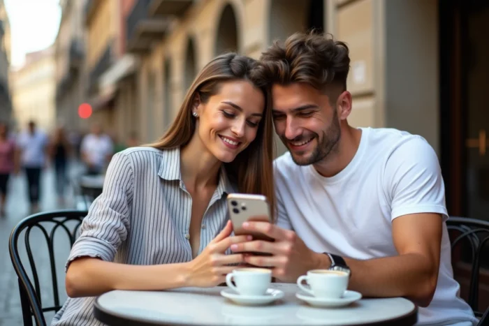 Deux amis regardant des stories Instagram ensemble sur un smartphone en terrasse de café, évoquant la curiosité autour de la consultation anonyme de contenus sociaux