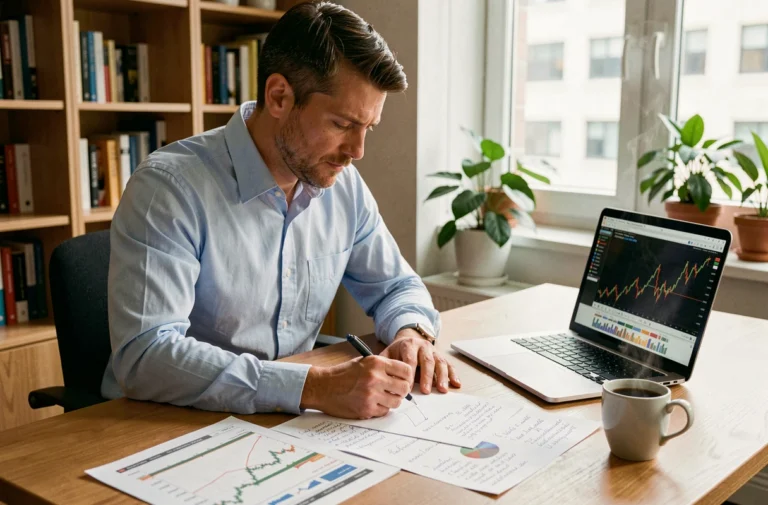 Homme analysant des graphiques boursiers sur un bureau en bois dans un bureau à domicile moderne