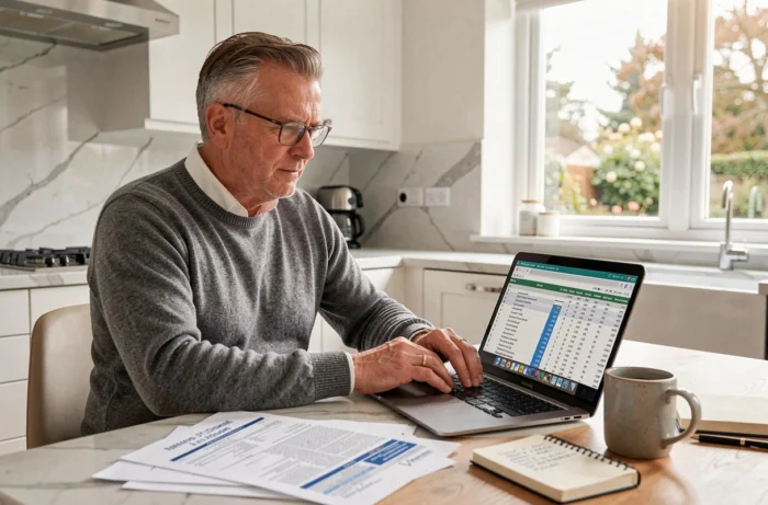 Homme analysant un tableau de bord d'investissement immobilier sur ordinateur portable avec des rapports financiers à la maison