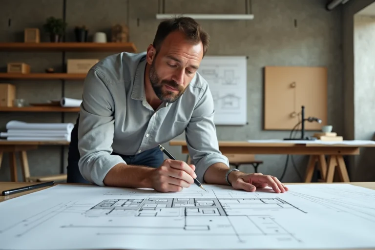 Architecte analysant des coupes longitudinales et transversales sur une table à dessin dans un studio d'architecture contemporain
