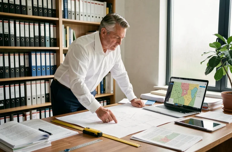 Architecte examinant des plans de construction pour anticiper la taxe d'archéologie préventive