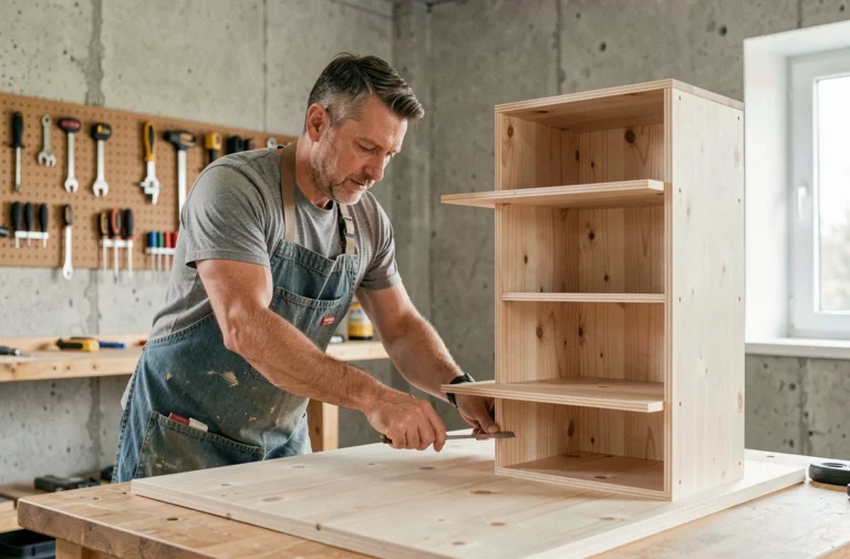 Homme assemblant une étagère en bois dans un atelier de bricolage moderne avec des outils accrochés au mur