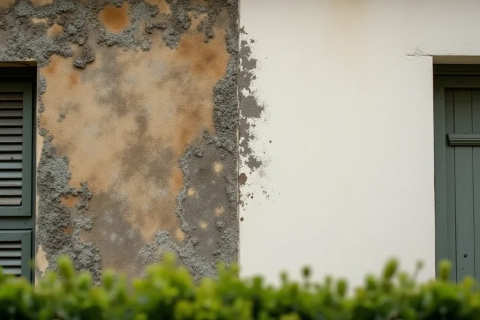 Comparaison avant et après nettoyage d'une façade en enduit crépi avec taches de lichen et salissures biologiques sur une maison française