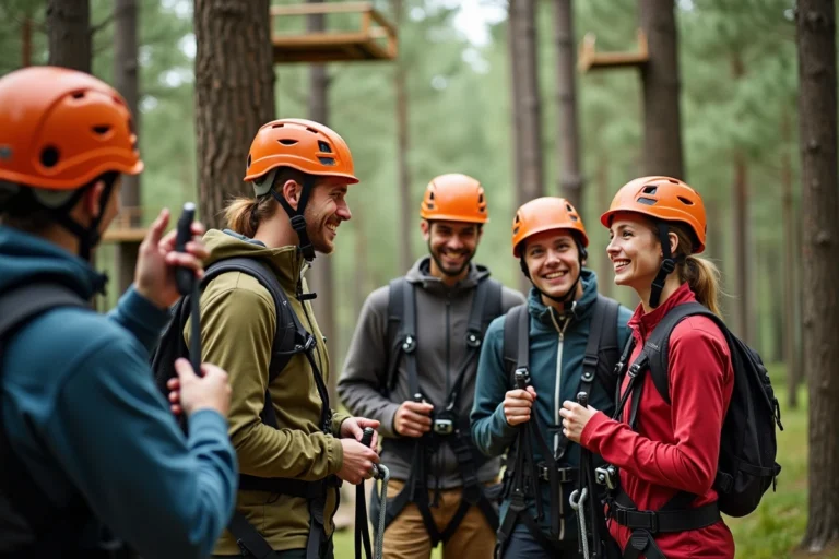 Groupe de famille et amis équipés de harnais pour une aventure en hauteur dans un parc accrobranche forestier