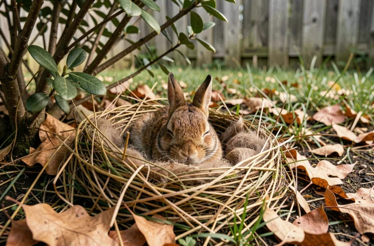 Bébé lapin sauvage nouveau-né blotti dans son nid naturel fait de feuilles et de fourrure dans un jardin résidentiel