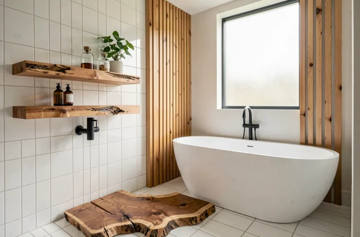 Salle de bain minimaliste avec bois brut intégré : tapis en teck, étagère en chêne recyclé et panneau en lattes de cèdre derrière la baignoire