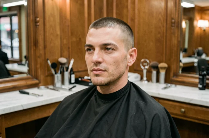 Homme en fauteuil de barbier avec une buzz cut de 3mm, vue de trois quarts dans un salon moderne
