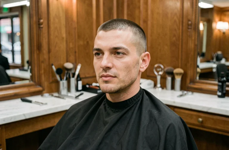 Homme en fauteuil de barbier avec une buzz cut de 3mm, vue de trois quarts dans un salon moderne