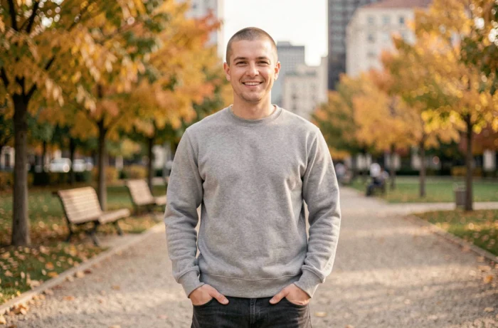 Jeune homme avec une buzz cut de 6mm en extérieur dans un parc en automne, style lifestyle urbain