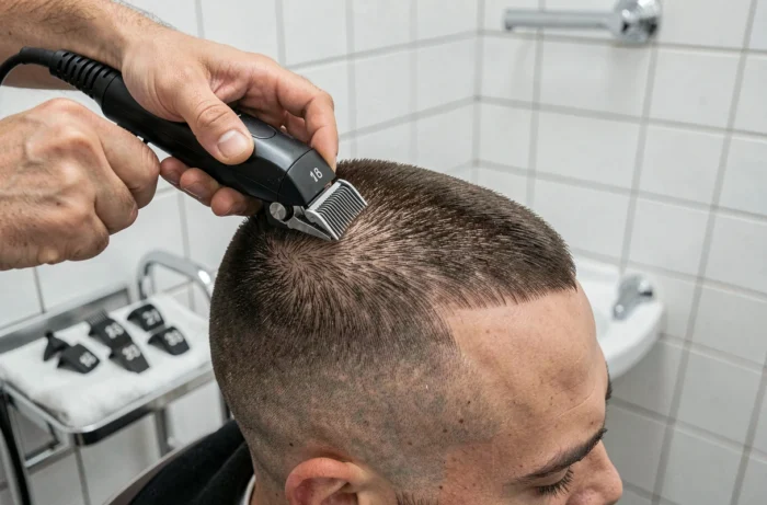 Gros plan sur un coiffeur utilisant des tondeuses professionnelles pour réaliser une buzz cut précise sur un client