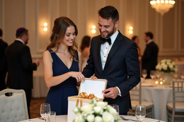 Couple élégant déposant une enveloppe cadeau dans une boîte dorée lors d'un mariage juif