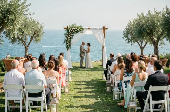 Cérémonie de mariage en plein air sur une falaise méditerranéenne avec arche fleurie et vue sur la mer