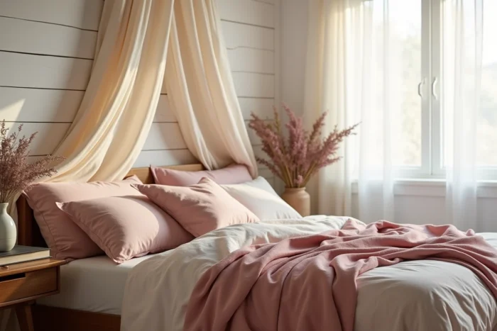Chambre cocooning décorée avec literie en lin froissé, baldaquin en mousseline et diffuseur d'huiles essentielles sur table de nuit en bois