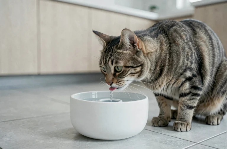 Chat tigré buvant dans une fontaine à eau anti-calcaire en céramique blanche dans une cuisine moderne