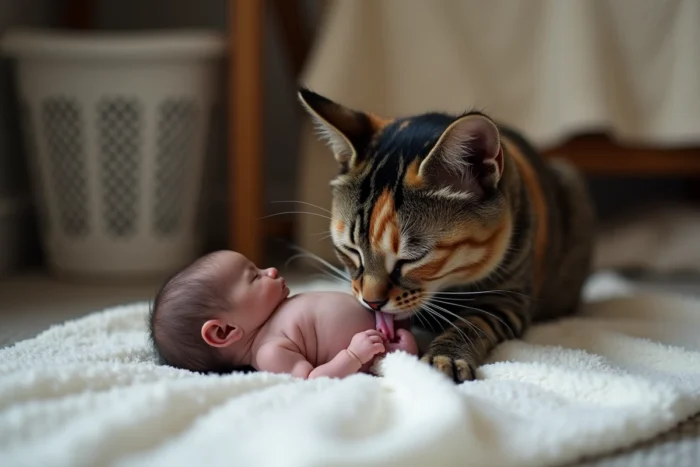 Chatte tortoiseshell nettoyant son chaton nouveau-né dans le sac amniotique sur une serviette blanche, accouchement naturel félin