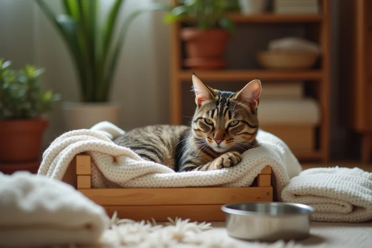 Chatte gestante tabby au repos dans une boîte de mise bas en bois, abdomen arrondi, ambiance domestique chaleureuse