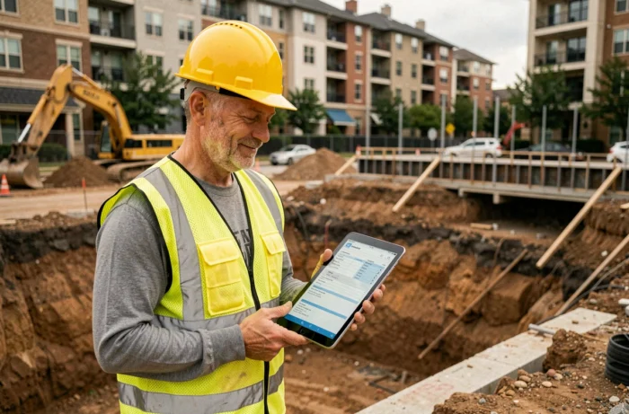 Chef de chantier consultant des formulaires de permis pour éviter la taxe d'archéologie préventive lors de travaux