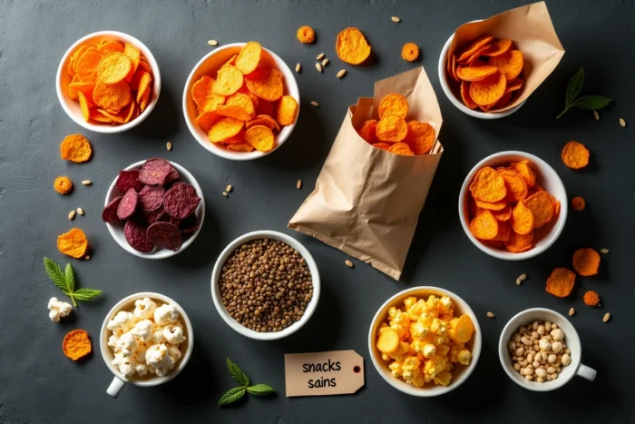 Vue de dessus de différentes variétés de chips saines dans des bols en céramique sur une surface en ardoise