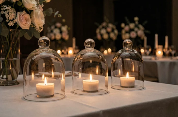 Cloches en verre retournées sur une table de mariage avec des bougies allumées à l'intérieur créant un halo ambré