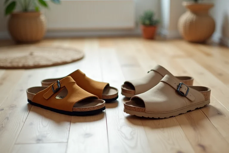 Comparaison de sandales Birkenstock Arizona en daim camel et sabots Scholl beiges posés côte à côte sur un parquet en chêne clair