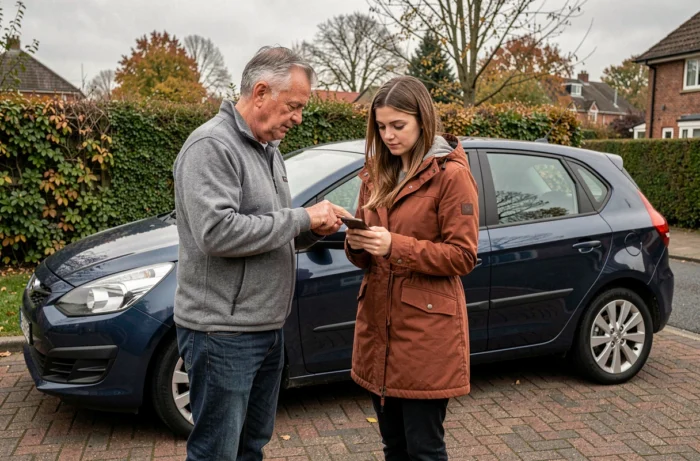 Vendeur et acheteur comparant le prix d'une voiture d'occasion sur smartphone dans une allée résidentielle
