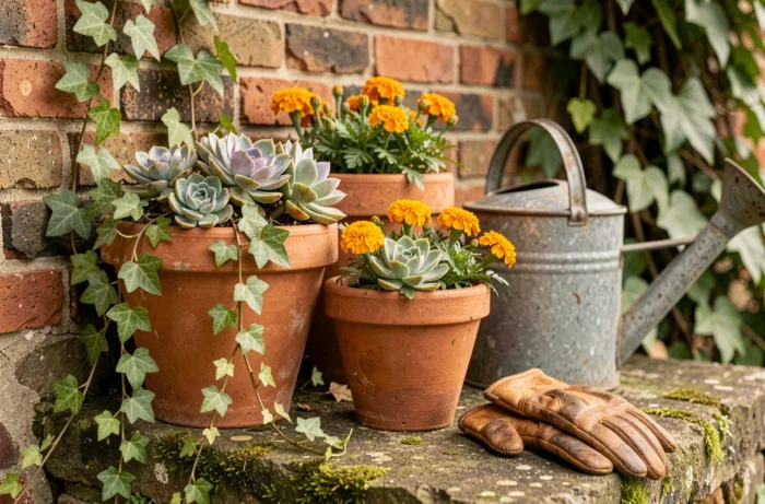 Composition décorative de jardin avec pots en terre cuite, succulentes, arrosoir ancien et mur de briques recouvert de lierre