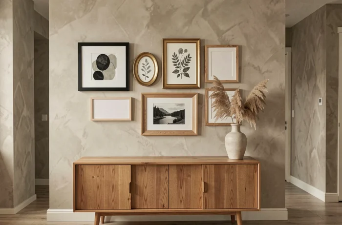 Composition murale au-dessus d'un buffet avec cadres de formats et matières variés : carré noir, ovale doré, bois brut et toiles non encadrées