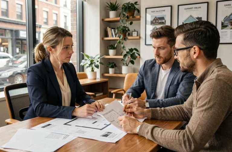 Conseillère immobilière accompagnant un couple dans leur projet d'achat immobilier autour de plans et documents dans une agence moderne