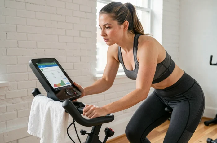 Femme consultant l'écran de la console numérique du speedbike Sportstech SX200 pendant une séance d'entraînement