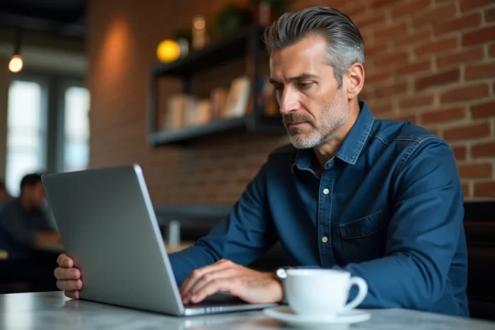 Homme consultant les rubriques d'un site d'actualités en ligne sur un ordinateur portable dans un café urbain