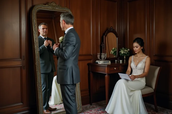 Moment intime avant la cérémonie de mariage, futur marié ajustant sa cravate devant un miroir ancien dans un vestiaire élégant en bois, future mariée assise à ses côtés en robe ivoire
