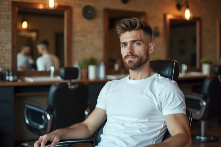 Jeune homme avec une coupe dégradé bas soignée assis dans un fauteuil de barbershop moderne