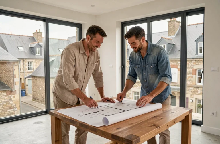 Couple examinant les plans d'un appartement neuf à Quimper lors d'une visite immobilière