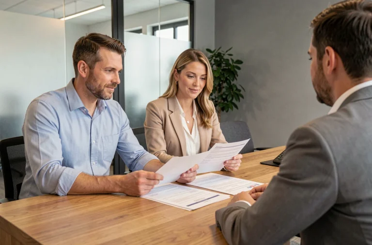 Couple consultant un conseiller bancaire pour obtenir un crédit immobilier adapté à leurs besoins