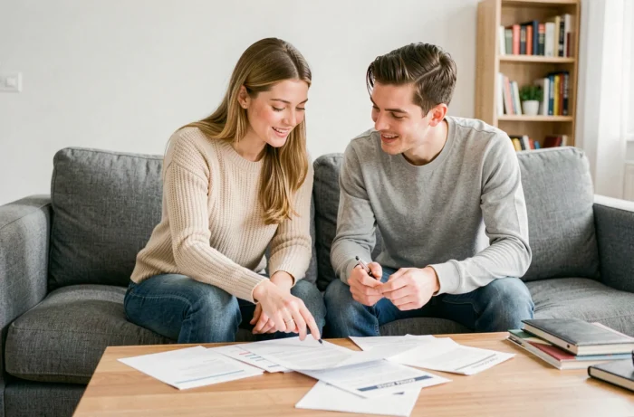 Couple gérant ensemble leurs finances personnelles avec des documents sur une table basse dans leur salon