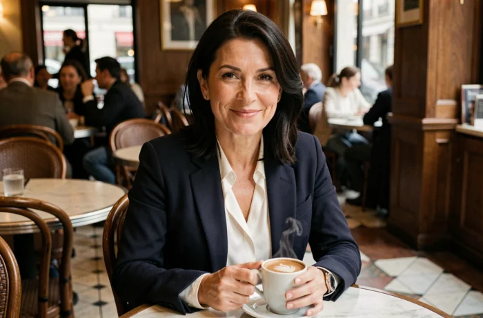 Femme élégante souriante dans un café parisien, illustrant un article sur la vie de couple et le mari de Séverine Parlakou