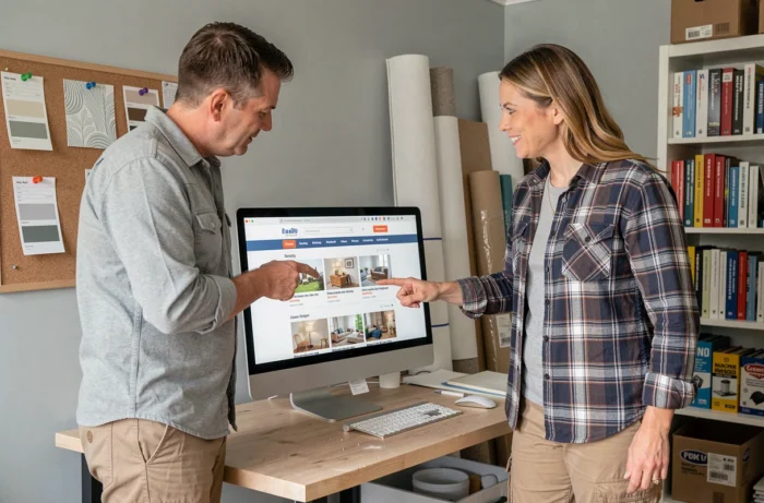 Couple recherchant ensemble des rubriques et tutoriels sur un site de bricolage depuis un ordinateur de bureau