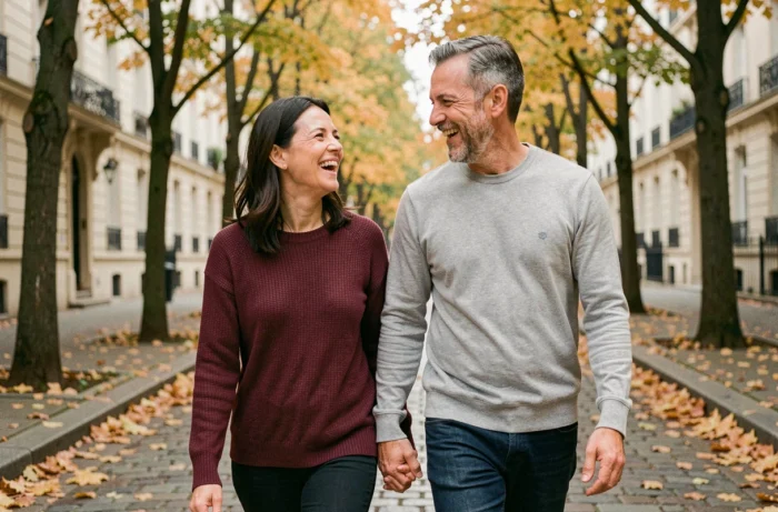 Couple complice se promenant dans une rue parisienne en automne, évoquant la vie amoureuse et le mari de Séverine Parlakou