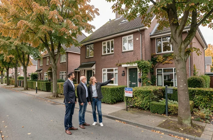 Couple visitant une maison résidentielle avec un agent immobilier lors d'une visite de bien à vendre en banlieue