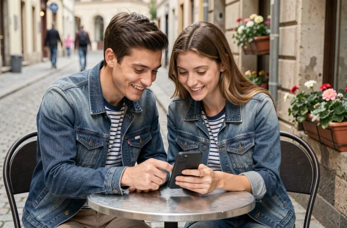 Couple de voyageurs consultant le plan d'un site de guide de voyage sur smartphone en terrasse de café