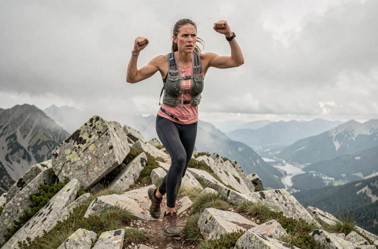 Coureuse de trail en compétition sur une crête rocheuse alpine, tendances ultra-sport