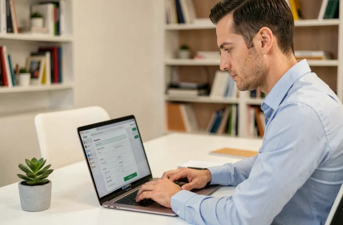 Homme créant un compte professionnel en ligne sur un ordinateur portable dans un bureau moderne