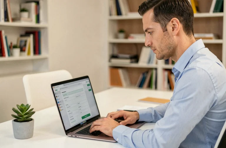 Homme créant un compte professionnel en ligne sur un ordinateur portable dans un bureau moderne