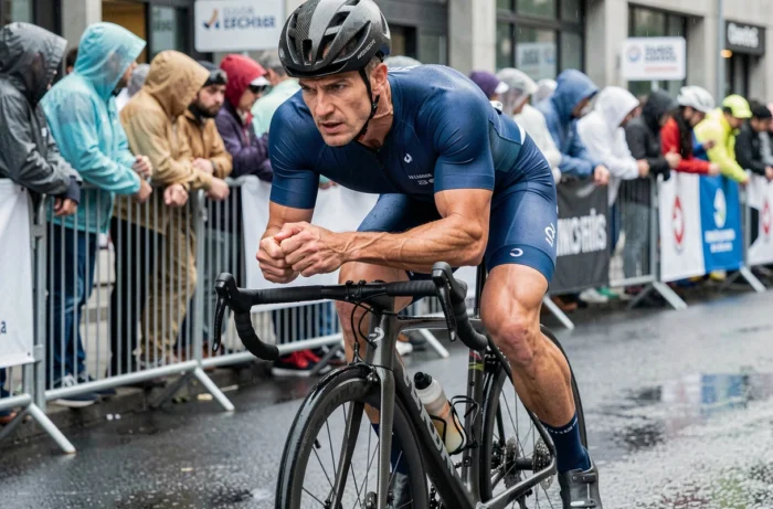 Cycliste de triathlon en plein effort sur circuit urbain sous la pluie, actualités ultra-endurance
