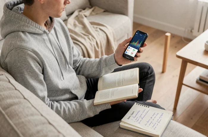 Jeune adulte apprenant les bases de la bourse sur smartphone avec un livre de finance ouvert sur les genoux