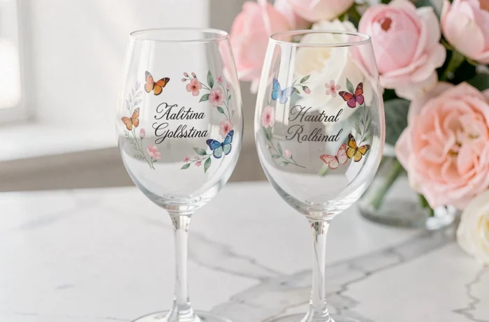 Verres à vin décorés de décalcomanies éphémères avec motifs botaniques aquarelle et calligraphie sur le calice